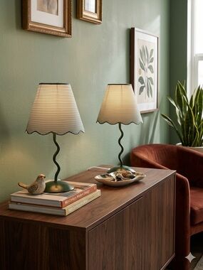 Room Essentials Green Twisted-Base Lantern Lamps with Striped Cream Shades